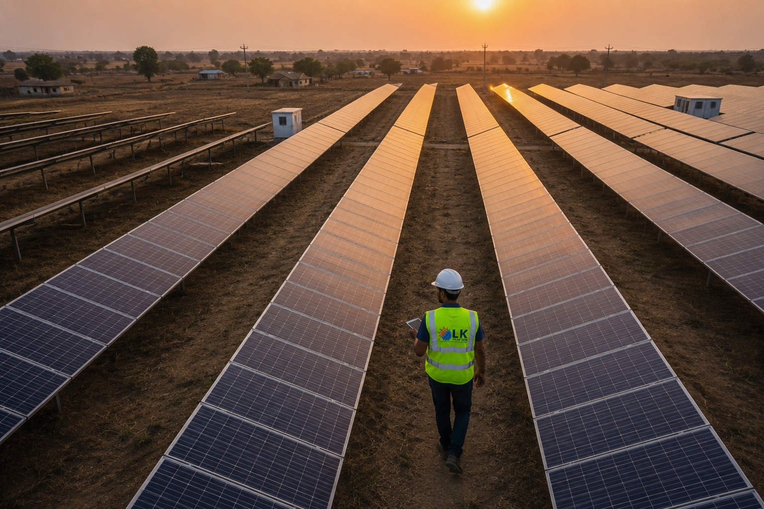 Aerial view of an L K Solar Tech engineer walking between long rows of ground-mounted solar panels at sunset