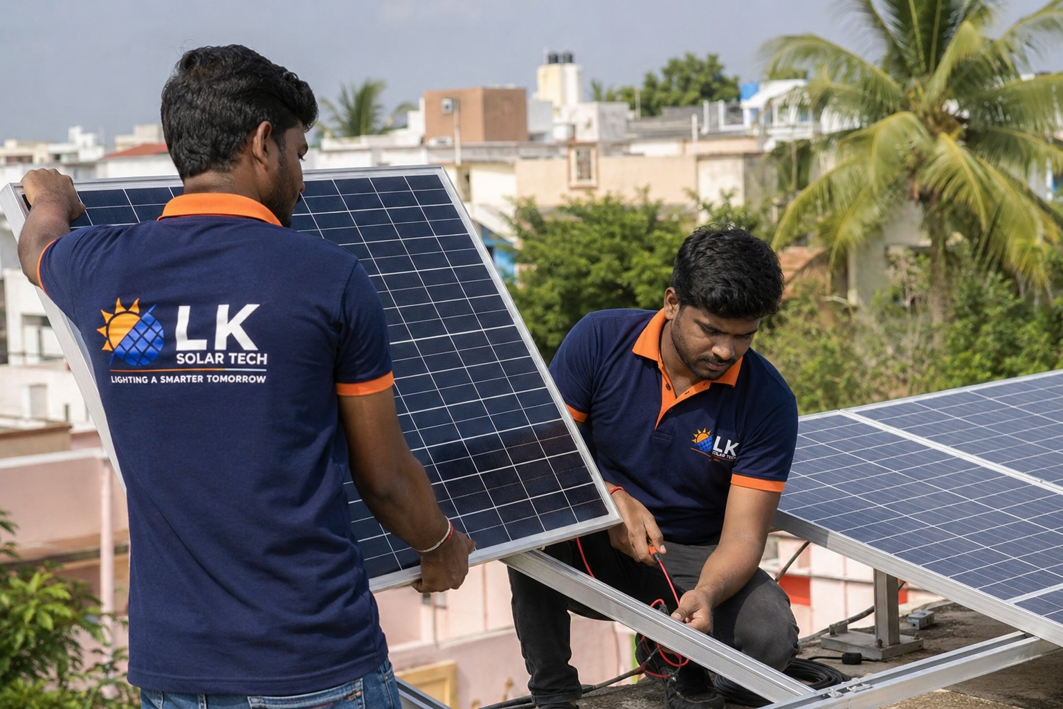 Two L K Solar Tech technicians lifting and mounting a solar panel on a rooftop in Kota