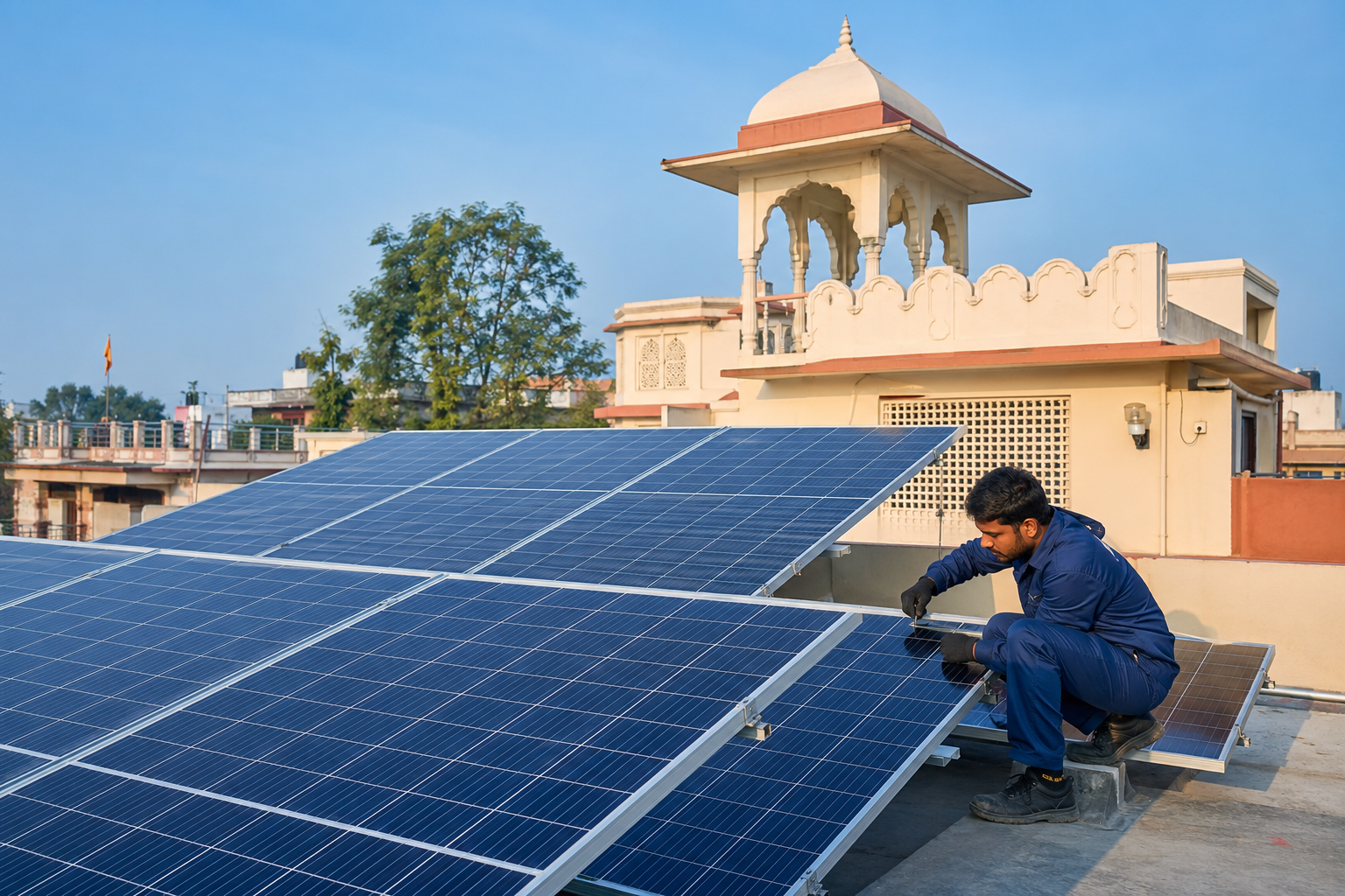 Rooftop solar array being installed on a traditional Rajasthani heritage building